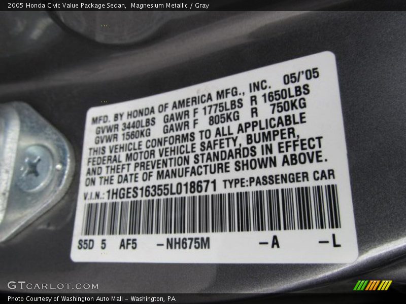 2005 Civic Value Package Sedan Magnesium Metallic Color Code NH675M