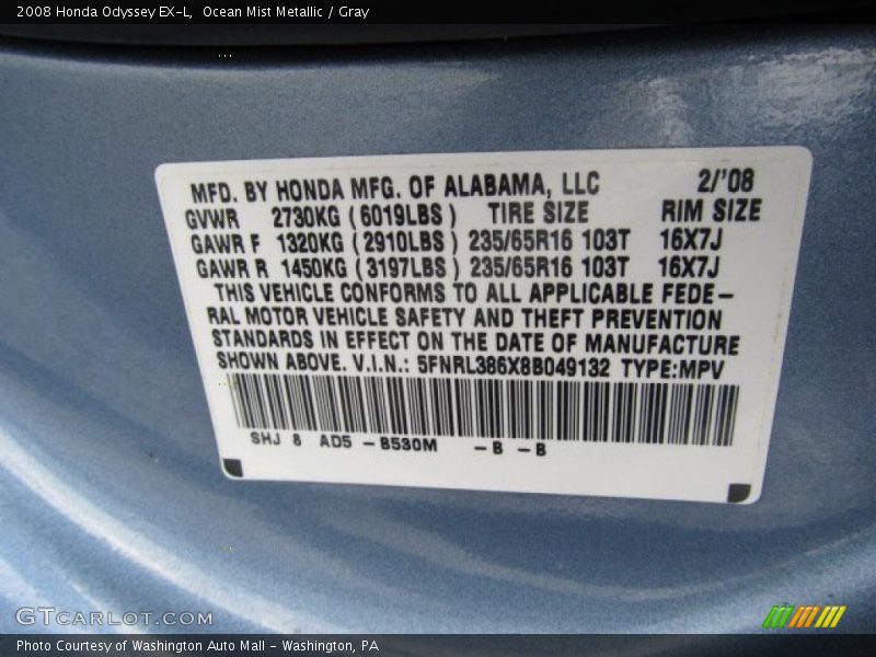 Ocean Mist Metallic / Gray 2008 Honda Odyssey EX-L
