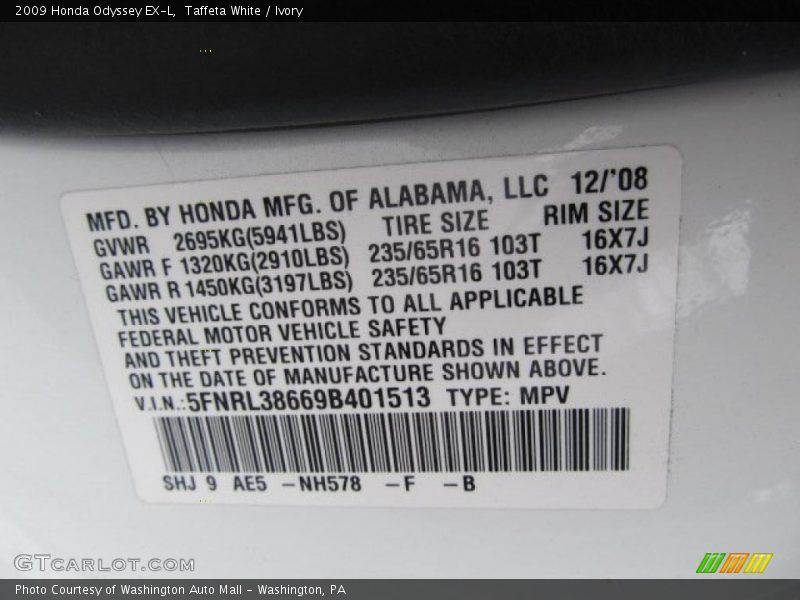 2009 Odyssey EX-L Taffeta White Color Code NH578