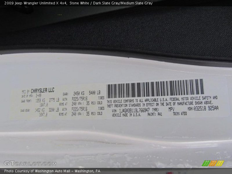 Stone White / Dark Slate Gray/Medium Slate Gray 2009 Jeep Wrangler Unlimited X 4x4