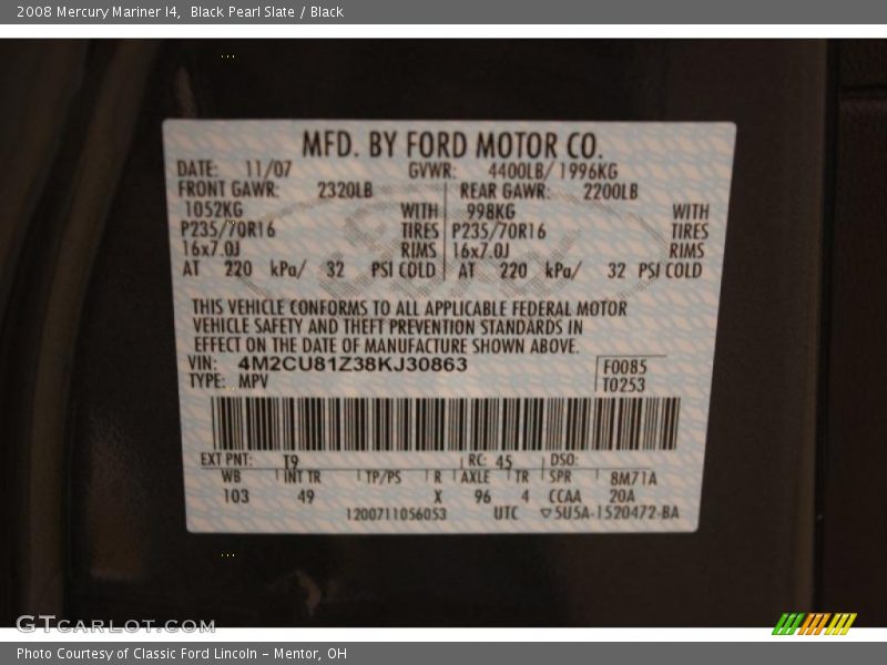 2008 Mariner I4 Black Pearl Slate Color Code T9