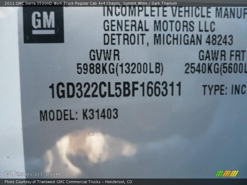 Summit White / Dark Titanium 2011 GMC Sierra 3500HD Work Truck Regular Cab 4x4 Chassis
