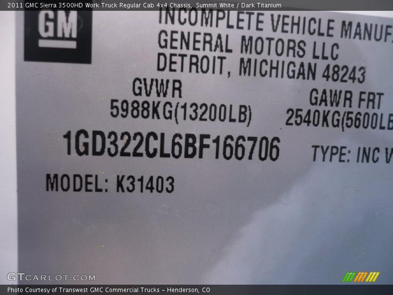 Summit White / Dark Titanium 2011 GMC Sierra 3500HD Work Truck Regular Cab 4x4 Chassis