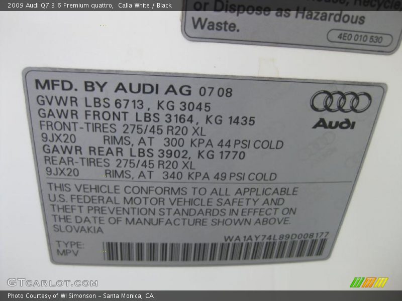 Calla White / Black 2009 Audi Q7 3.6 Premium quattro