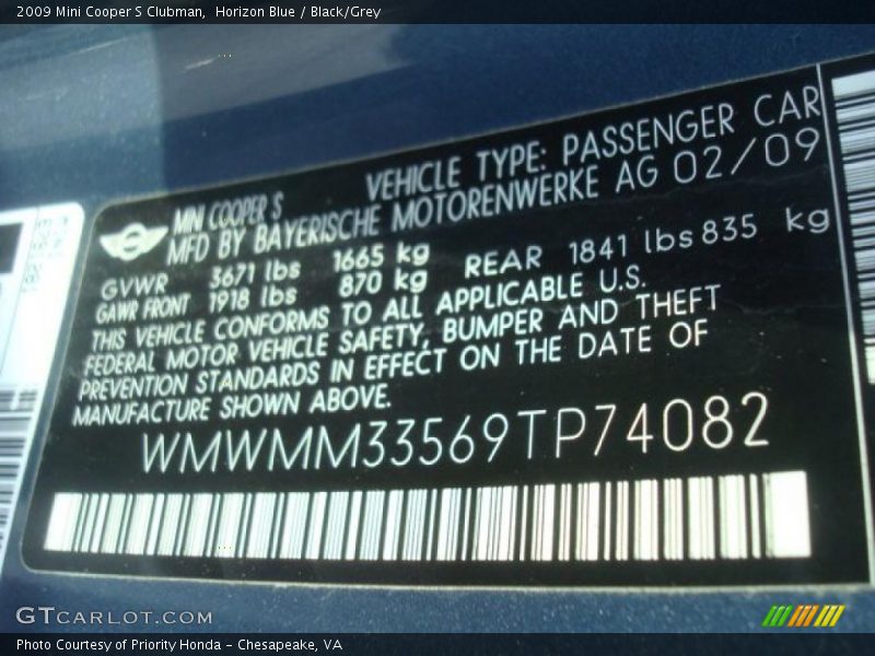 Horizon Blue / Black/Grey 2009 Mini Cooper S Clubman