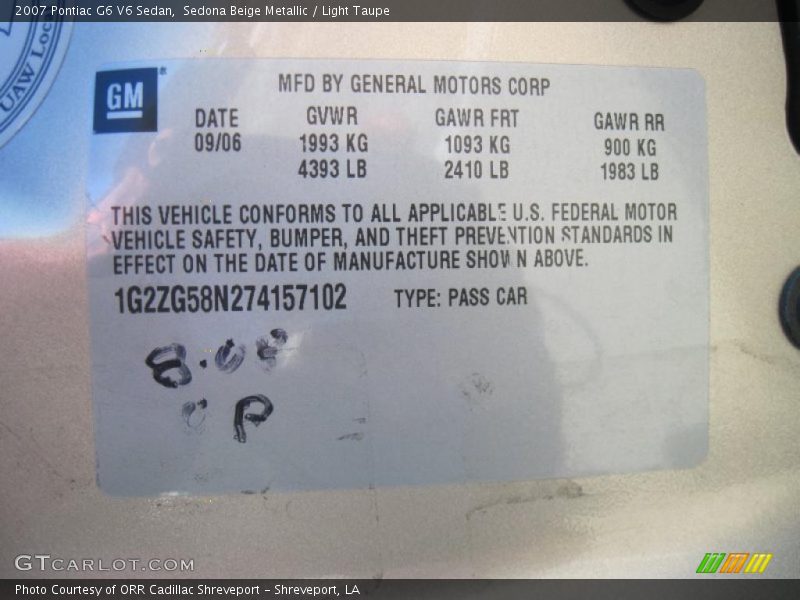 Sedona Beige Metallic / Light Taupe 2007 Pontiac G6 V6 Sedan