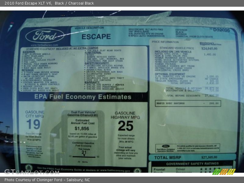 Black / Charcoal Black 2010 Ford Escape XLT V6