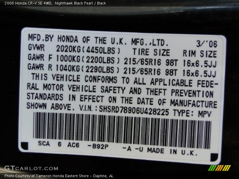 Nighthawk Black Pearl / Black 2006 Honda CR-V SE 4WD