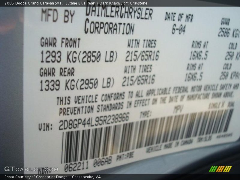 Butane Blue Pearl / Dark Khaki/Light Graystone 2005 Dodge Grand Caravan SXT