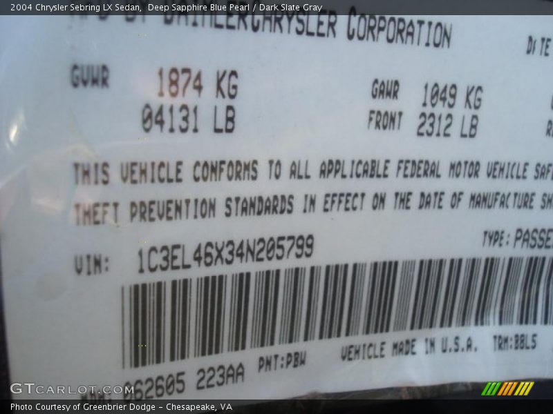 Deep Sapphire Blue Pearl / Dark Slate Gray 2004 Chrysler Sebring LX Sedan