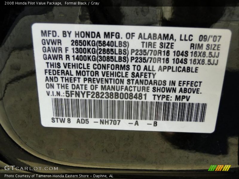 Formal Black / Gray 2008 Honda Pilot Value Package