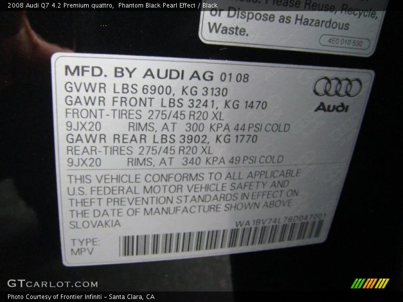 Info Tag of 2008 Q7 4.2 Premium quattro
