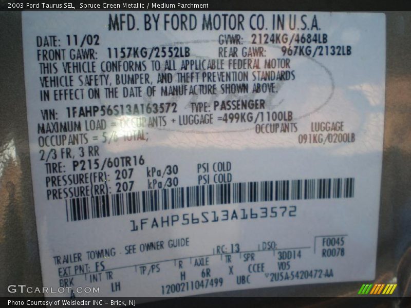 2003 Taurus SEL Spruce Green Metallic Color Code FS