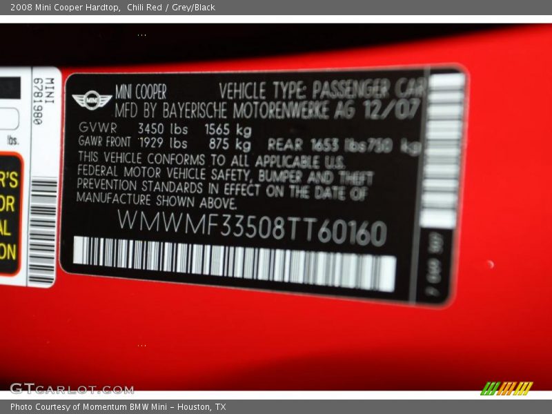 Chili Red / Grey/Black 2008 Mini Cooper Hardtop