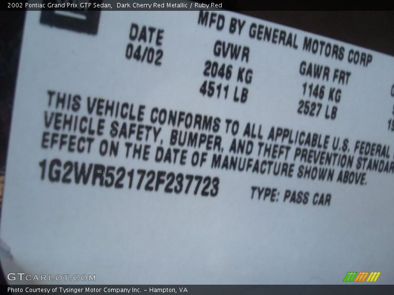 Info Tag of 2002 Grand Prix GTP Sedan