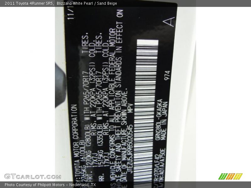 2011 4Runner SR5 Blizzard White Pearl Color Code 070