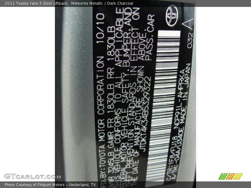 2011 Yaris 5 Door Liftback Meteorite Metallic Color Code 1F8