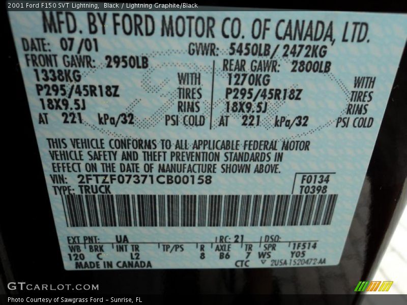 2001 F150 SVT Lightning Black Color Code UA
