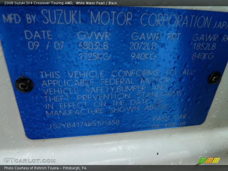 White Water Pearl / Black 2008 Suzuki SX4 Crossover Touring AWD