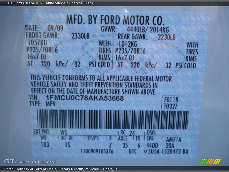 2010 Escape XLS White Suede Color Code WS