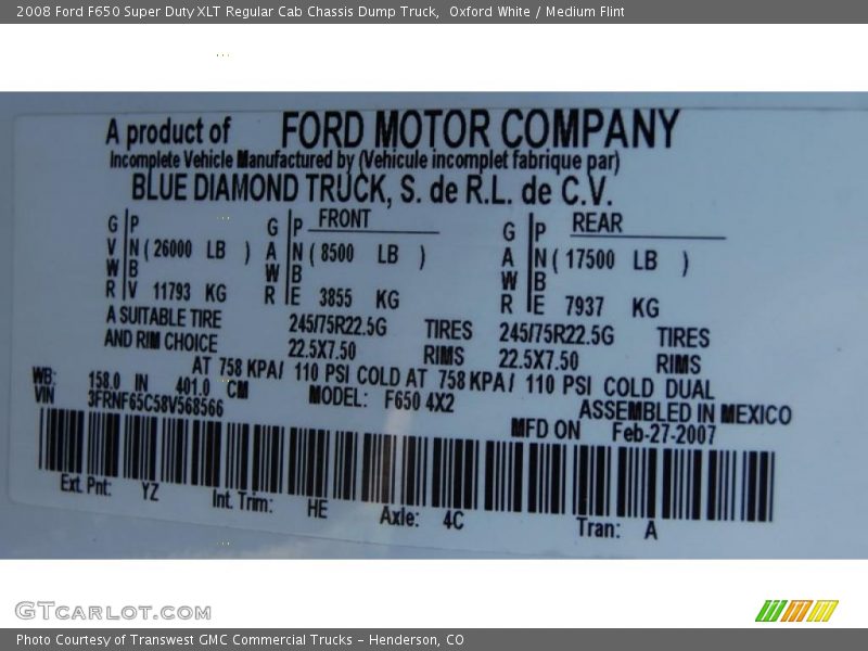 2008 F650 Super Duty XLT Regular Cab Chassis Dump Truck Oxford White Color Code YZ