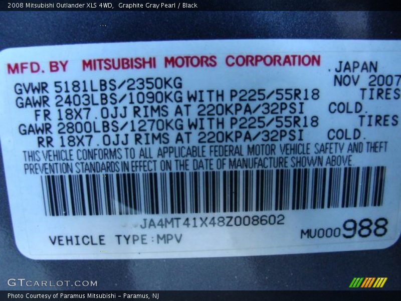 Graphite Gray Pearl / Black 2008 Mitsubishi Outlander XLS 4WD