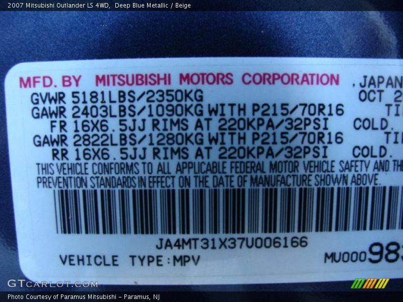 Deep Blue Metallic / Beige 2007 Mitsubishi Outlander LS 4WD