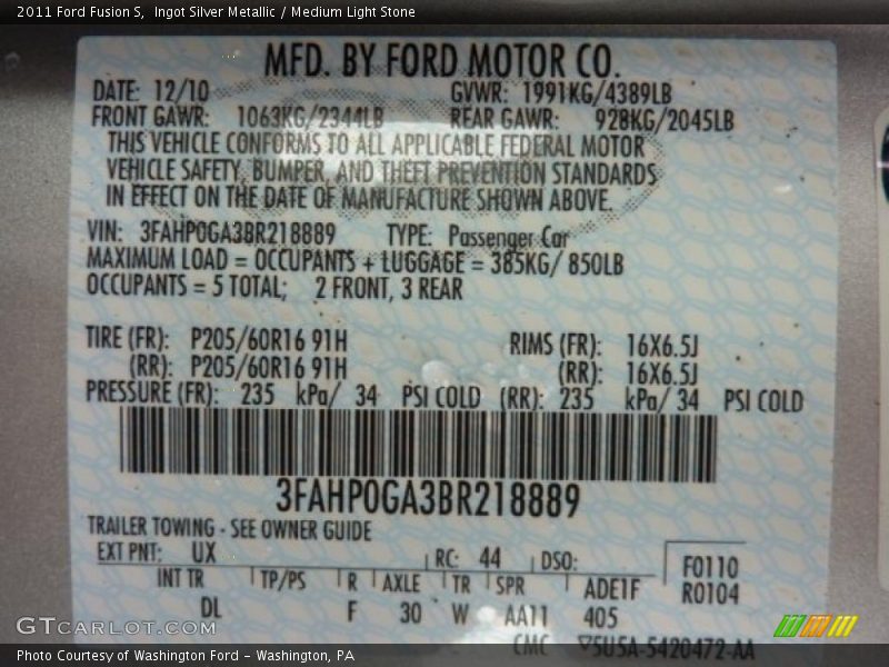 2011 Fusion S Ingot Silver Metallic Color Code UX