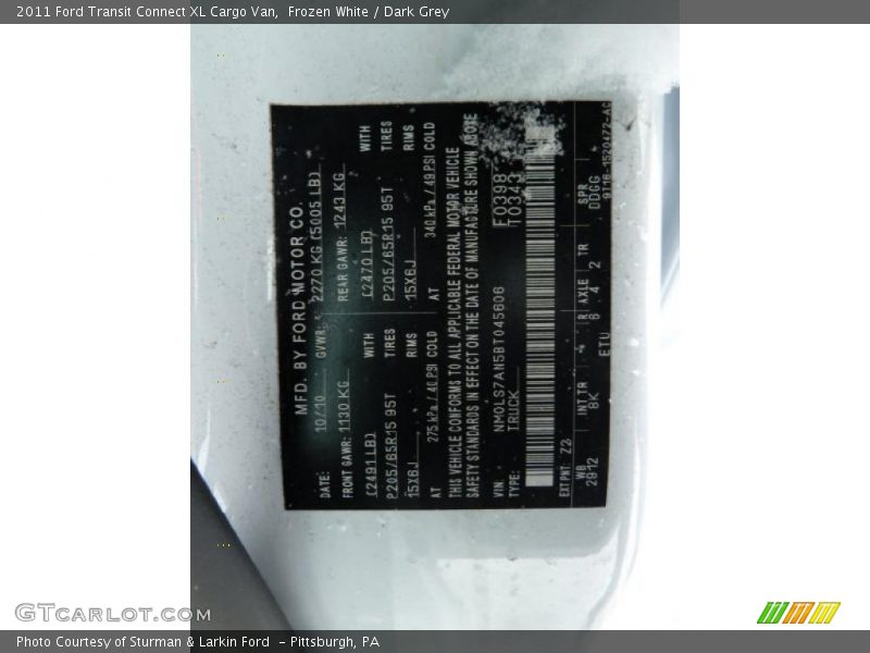 2011 Transit Connect XL Cargo Van Frozen White Color Code Z2