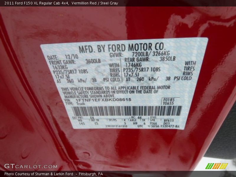 2011 F150 XL Regular Cab 4x4 Vermillion Red Color Code E4