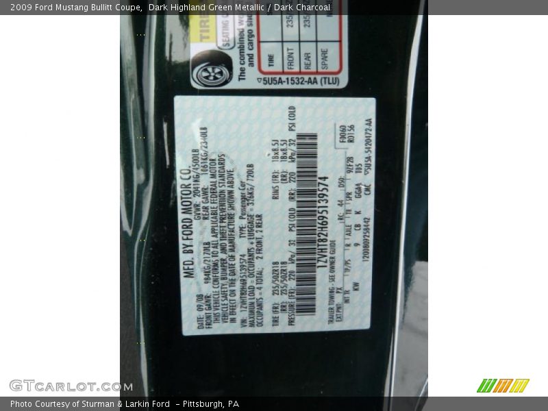 2009 Mustang Bullitt Coupe Dark Highland Green Metallic Color Code PX