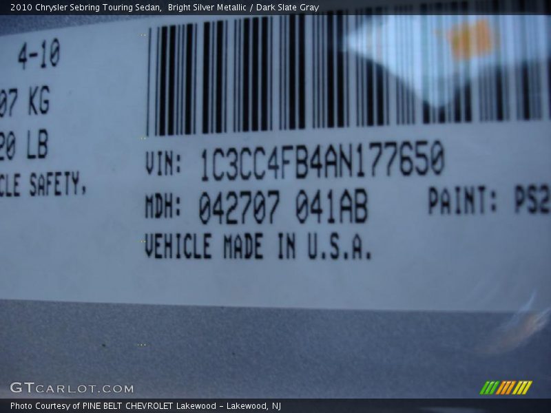 Bright Silver Metallic / Dark Slate Gray 2010 Chrysler Sebring Touring Sedan