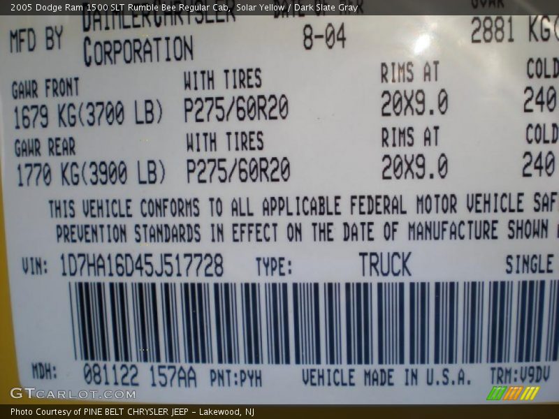 Solar Yellow / Dark Slate Gray 2005 Dodge Ram 1500 SLT Rumble Bee Regular Cab