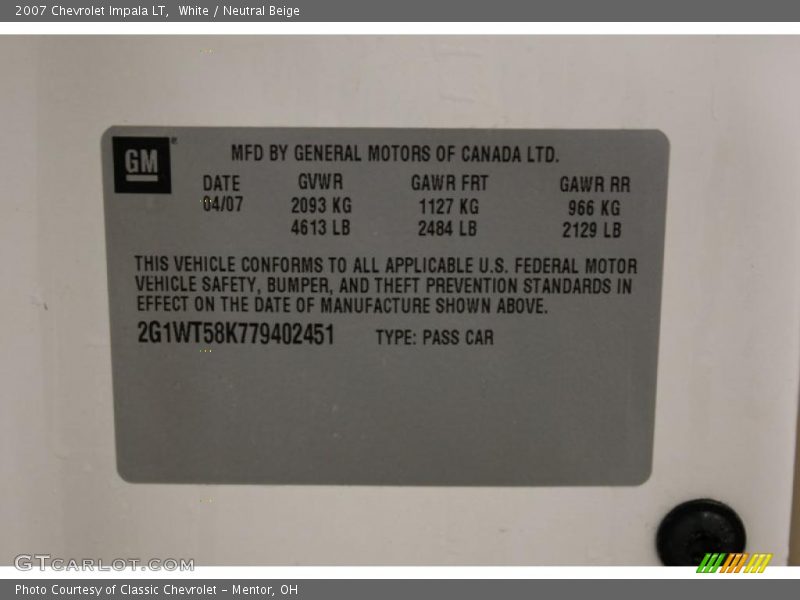 White / Neutral Beige 2007 Chevrolet Impala LT
