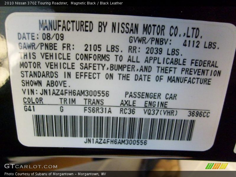 2010 370Z Touring Roadster Magnetic Black Color Code G41