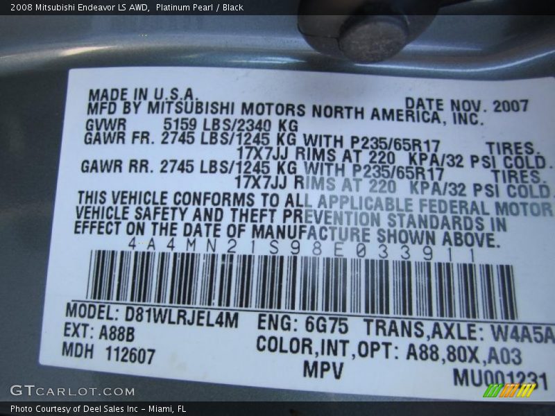 Platinum Pearl / Black 2008 Mitsubishi Endeavor LS AWD