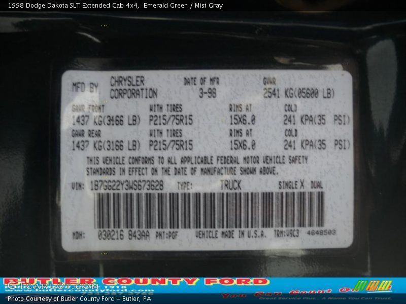 Emerald Green / Mist Gray 1998 Dodge Dakota SLT Extended Cab 4x4