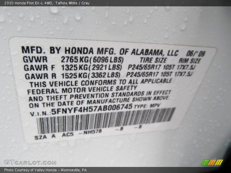 Taffeta White / Gray 2010 Honda Pilot EX-L 4WD