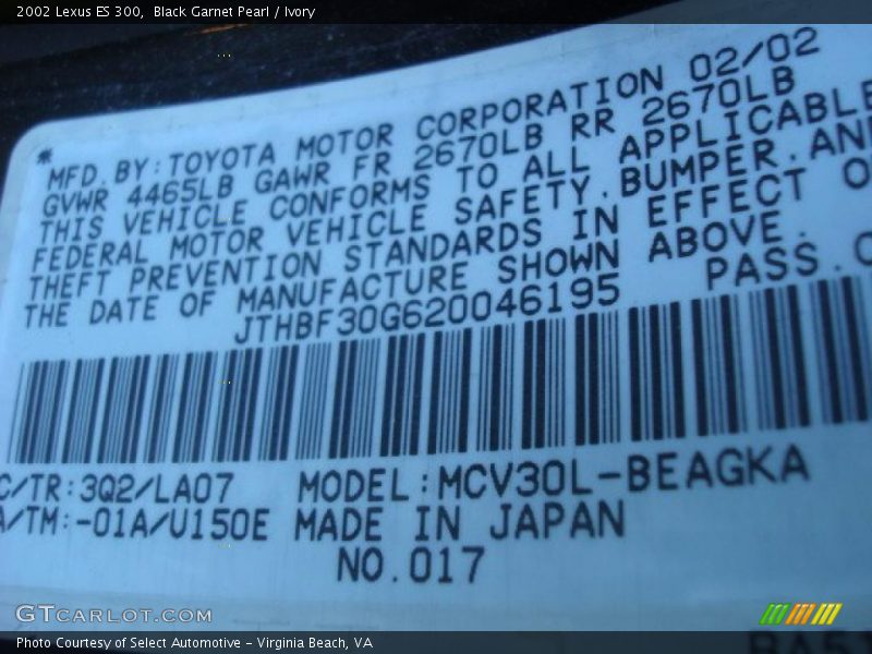 Black Garnet Pearl / Ivory 2002 Lexus ES 300