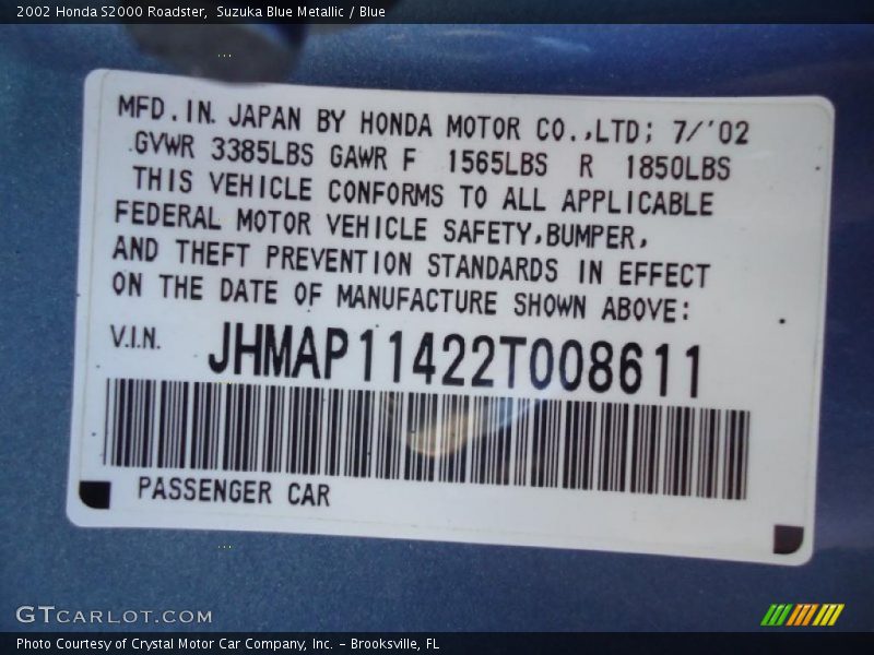 Info Tag of 2002 S2000 Roadster