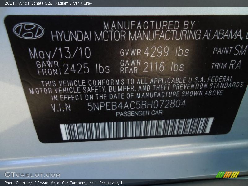 Radiant Silver / Gray 2011 Hyundai Sonata GLS
