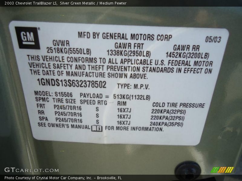 Silver Green Metallic / Medium Pewter 2003 Chevrolet TrailBlazer LS