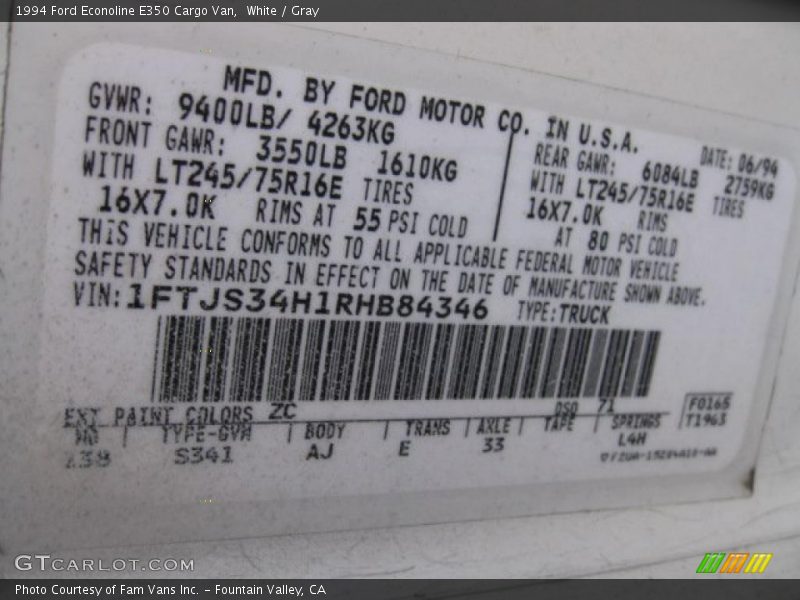 White / Gray 1994 Ford Econoline E350 Cargo Van