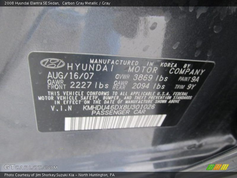 Carbon Gray Metallic / Gray 2008 Hyundai Elantra SE Sedan
