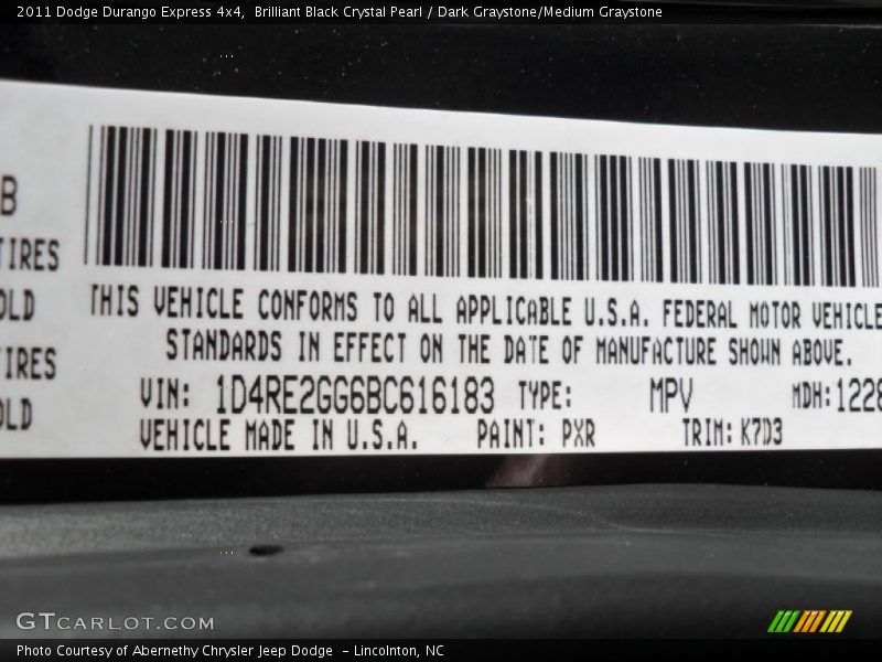 2011 Durango Express 4x4 Brilliant Black Crystal Pearl Color Code PXR