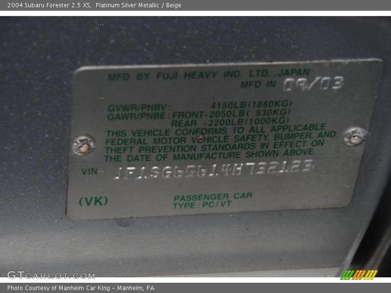 Platinum Silver Metallic / Beige 2004 Subaru Forester 2.5 XS