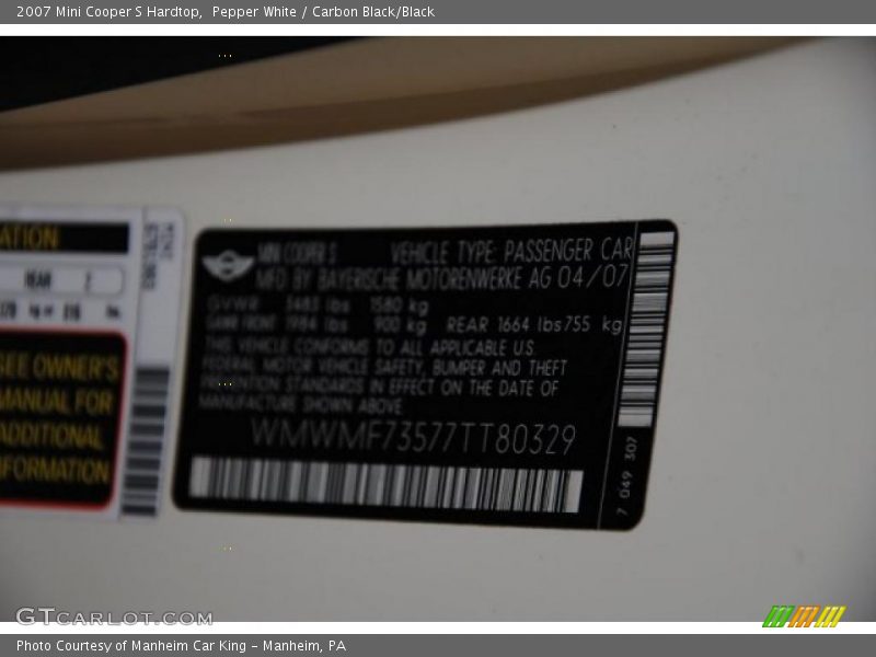 Pepper White / Carbon Black/Black 2007 Mini Cooper S Hardtop