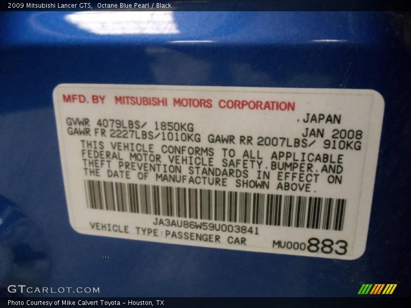 Octane Blue Pearl / Black 2009 Mitsubishi Lancer GTS