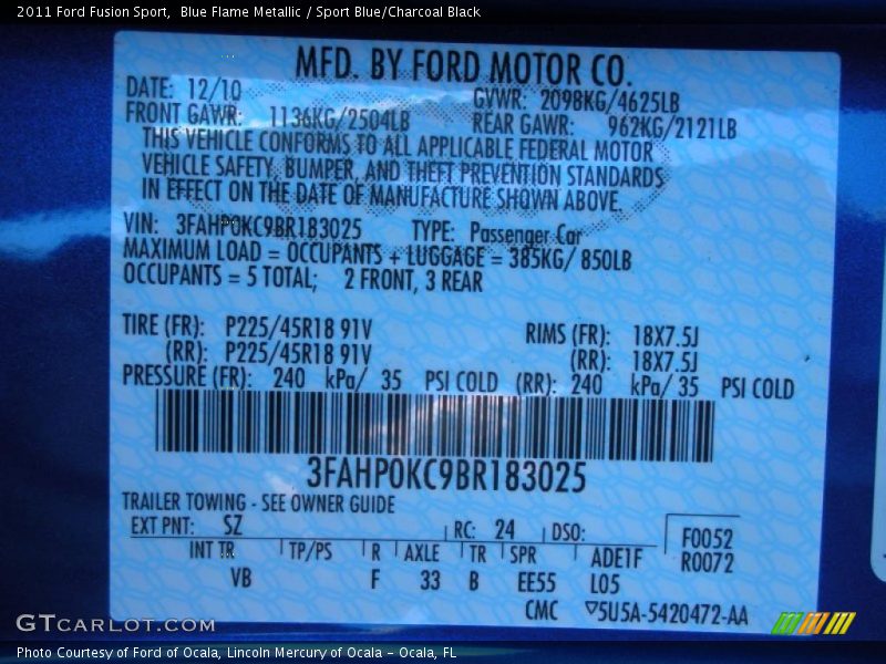 2011 Fusion Sport Blue Flame Metallic Color Code SZ