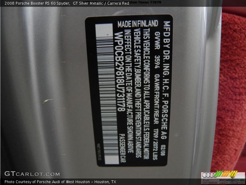 Info Tag of 2008 Boxster RS 60 Spyder